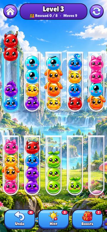 Tube Twist level 3 by a waterfall meadow: tubes of jelly blobs to sort by colour