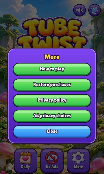 Tube Twist More menu: how to play, restore purchases, privacy policy, ad privacy choices