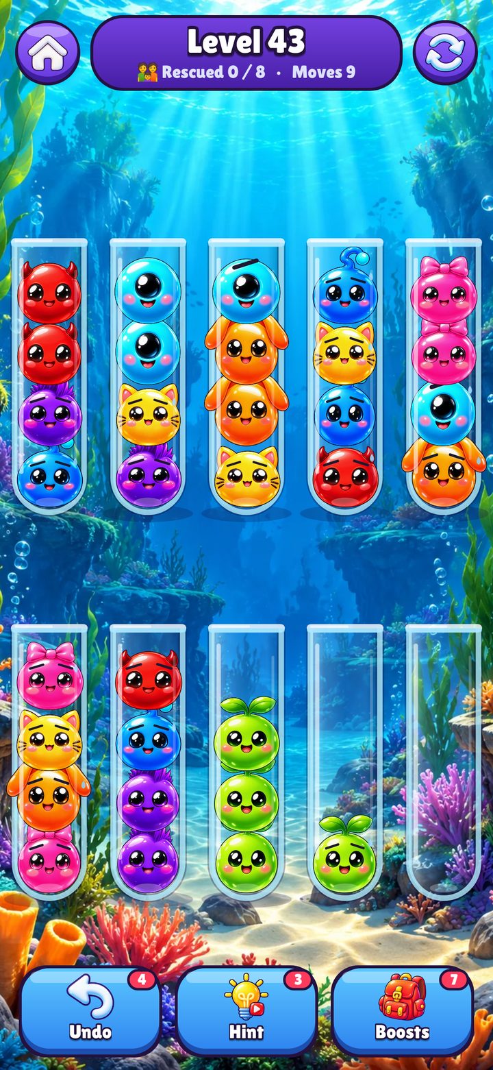 Tube Twist level 43 under the sea: tubes of jelly blobs to sort by colour, full size